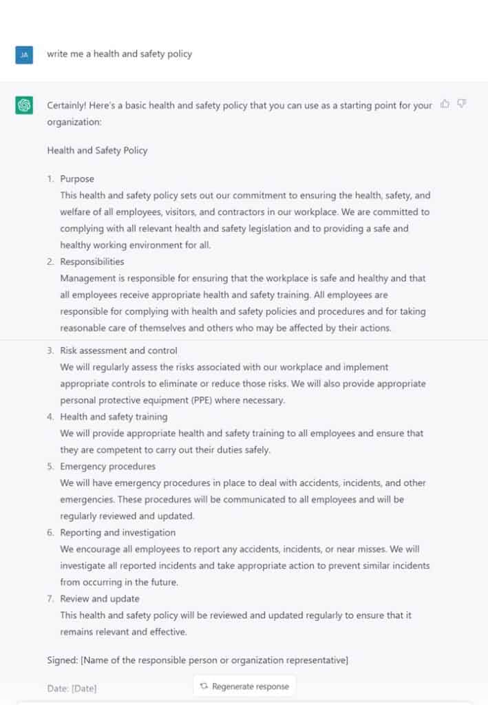ChatGPT - Write me a health and safety policy