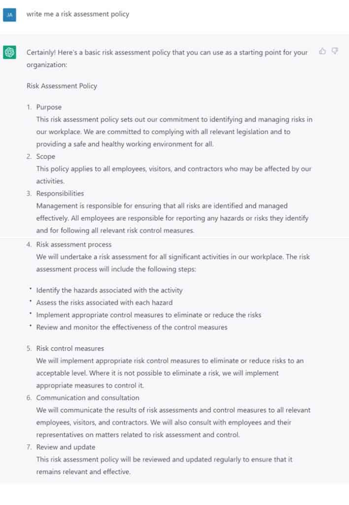 ChatGPT - Write me a risk assessment policy